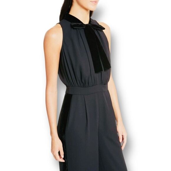 Kate Spade Black Velvet Bow Tuxedo Stripe Wide Leg Cropped Jumpsuit Old Money 14 - Picture 2 of 8